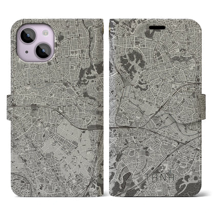 【田奈（神奈川県）】地図柄iPhoneケース（手帳タイプ）モノトーン・iPhone 14 用