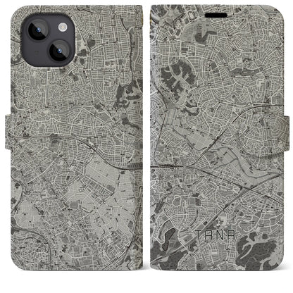 【田奈（神奈川県）】地図柄iPhoneケース（手帳タイプ）モノトーン・iPhone 14 Plus 用
