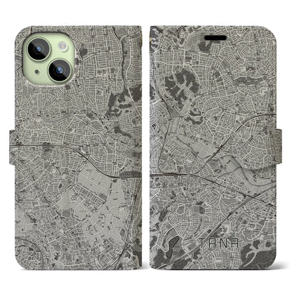 【田奈（神奈川県）】地図柄iPhoneケース（手帳タイプ）モノトーン・iPhone 15 用