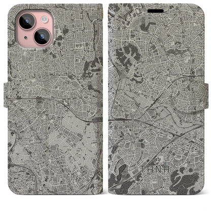 【田奈（神奈川県）】地図柄iPhoneケース（手帳タイプ）モノトーン・iPhone 15 Plus 用