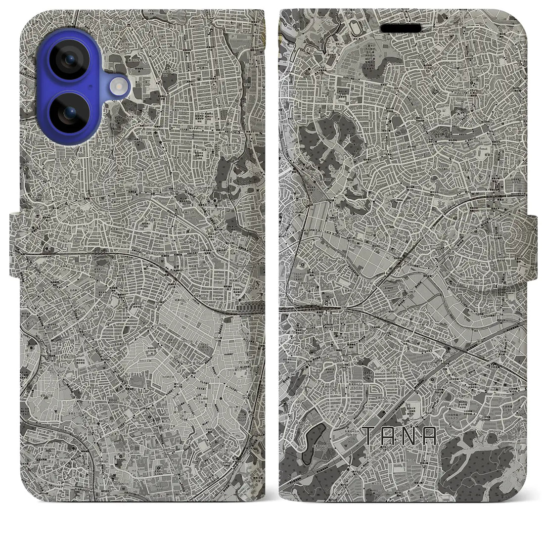 【田奈(神奈川県)】地図柄iPhoneケース(手帳タイプ)モノトーン・iPhone 16 Pro Max 用