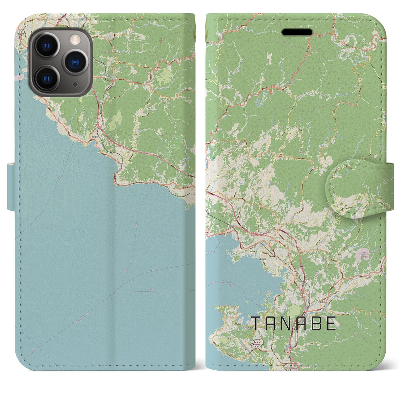 【田辺】地図柄iPhoneケース（手帳両面タイプ・ナチュラル）iPhone 11 Pro Max 用
