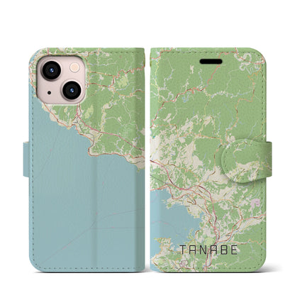 【田辺（和歌山県）】地図柄iPhoneケース（手帳タイプ）ナチュラル・iPhone 13 mini 用
