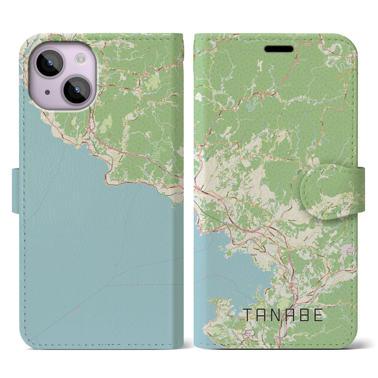 【田辺】地図柄iPhoneケース（手帳両面タイプ・ナチュラル）iPhone 14 用