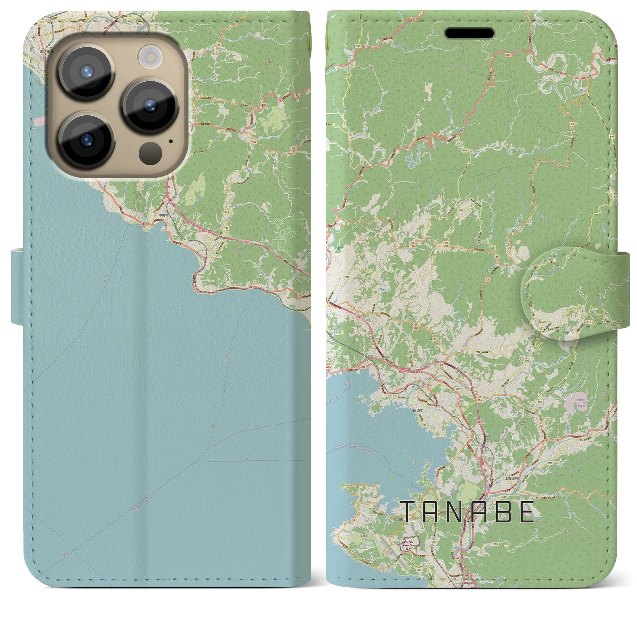 【田辺】地図柄iPhoneケース（手帳両面タイプ・ナチュラル）iPhone 14 Pro Max 用