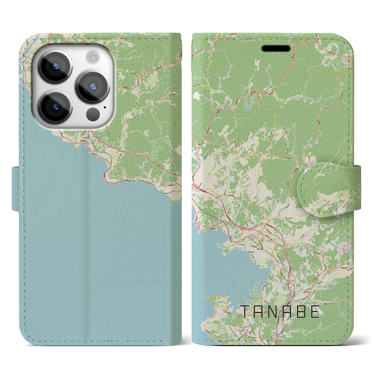 【田辺】地図柄iPhoneケース（手帳両面タイプ・ナチュラル）iPhone 14 Pro 用