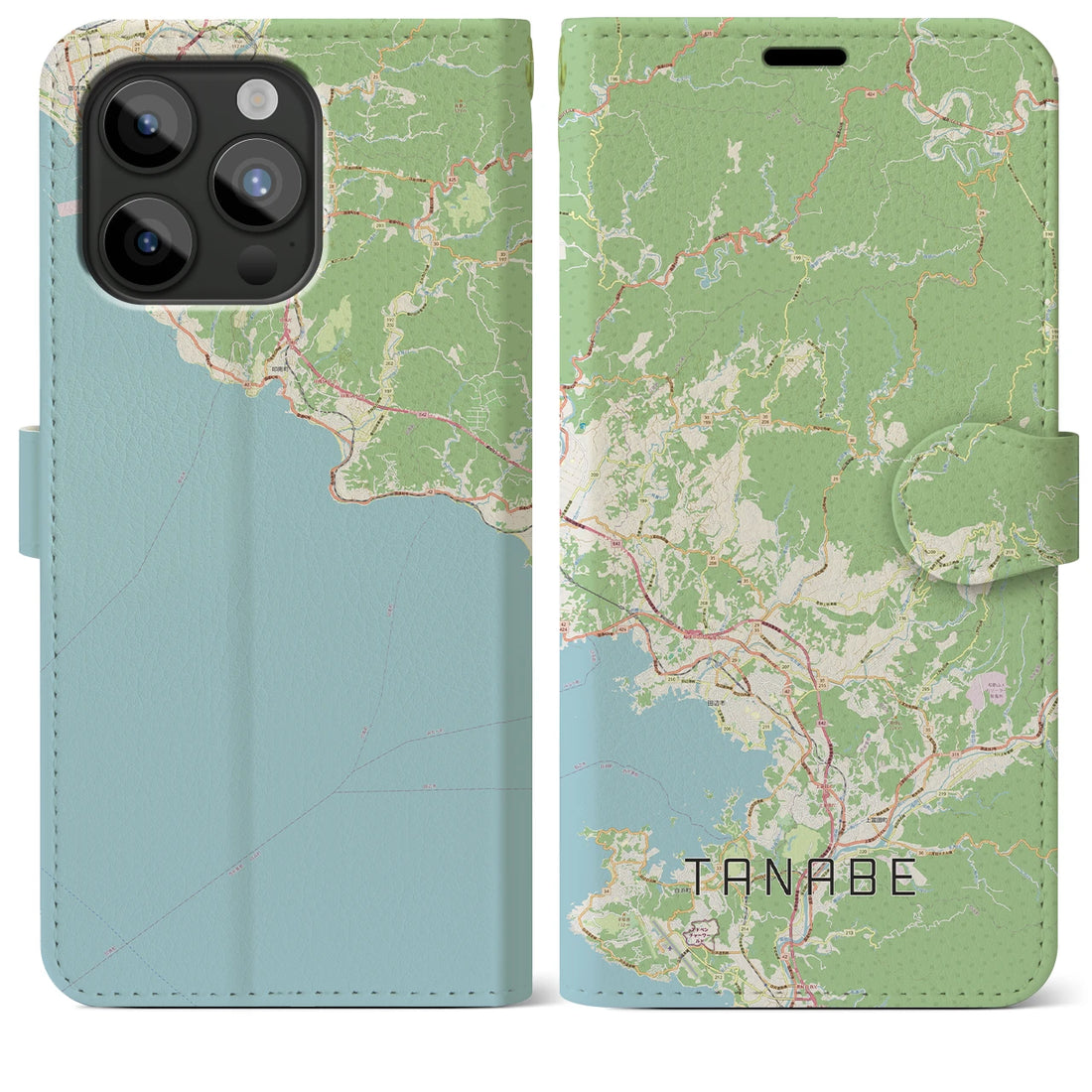 【田辺】地図柄iPhoneケース（手帳両面タイプ・ナチュラル）iPhone 15 Pro Max 用