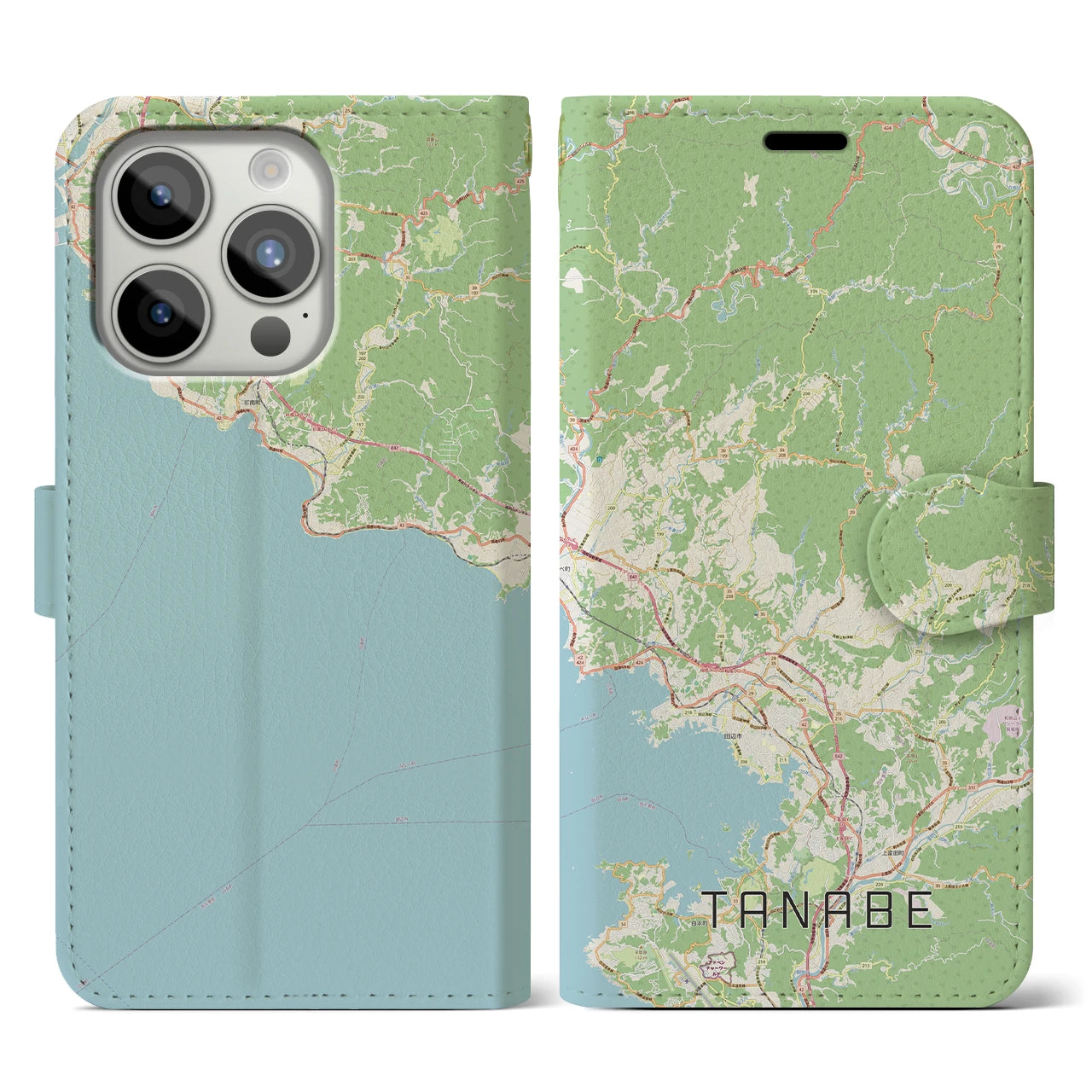 【田辺】地図柄iPhoneケース（手帳両面タイプ・ナチュラル）iPhone 15 Pro 用