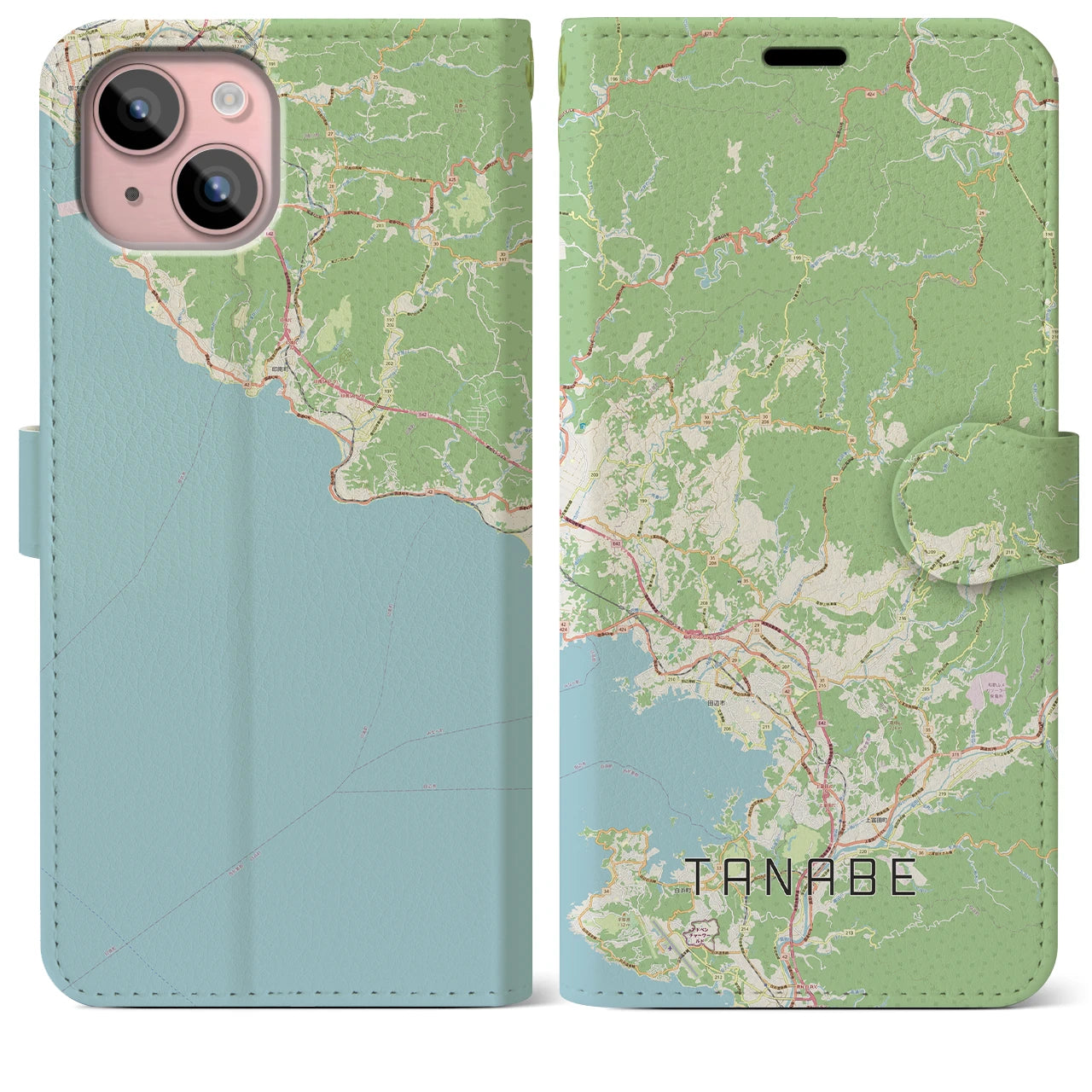 【田辺】地図柄iPhoneケース（手帳両面タイプ・ナチュラル）iPhone 15 Plus 用