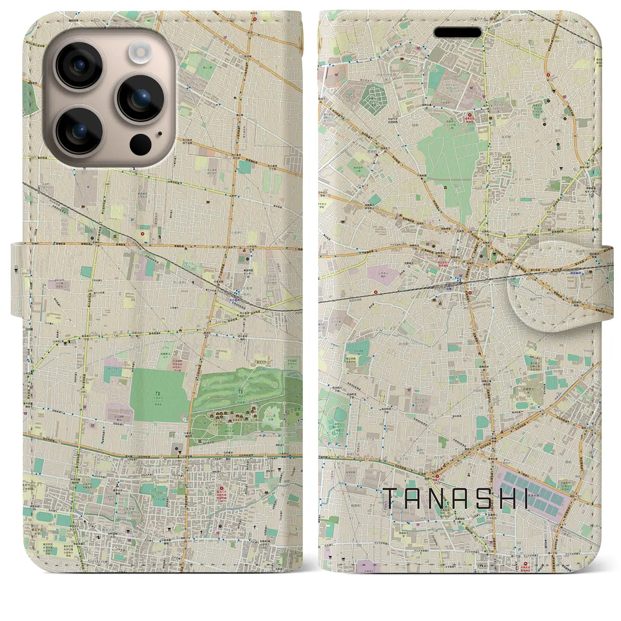 【田無（東京都）】地図柄iPhoneケース（手帳タイプ）ナチュラル・iPhone 16 Plus 用