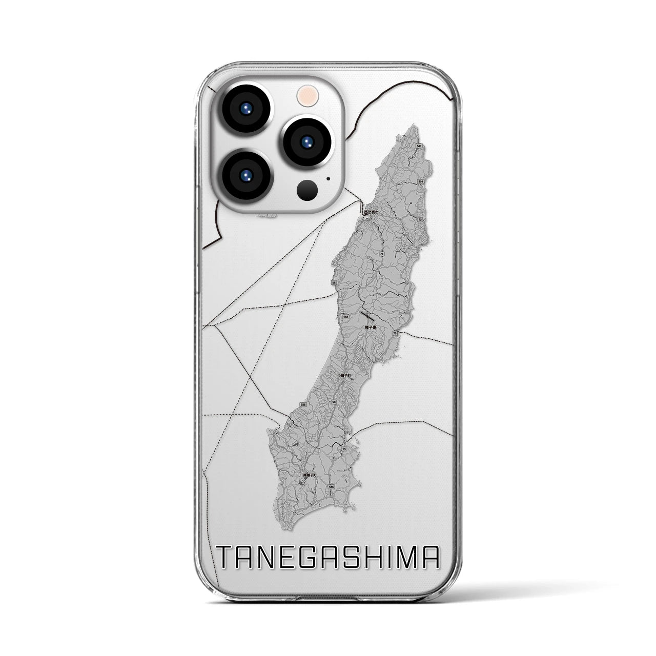 【種子島（鹿児島県）】地図柄iPhoneケース（クリアタイプ）モノトーン・iPhone 13 Pro 用