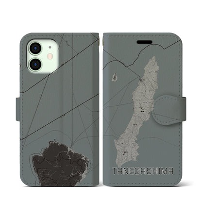 【種子島（鹿児島県）】地図柄iPhoneケース（手帳タイプ）モノトーン・iPhone 12 mini 用