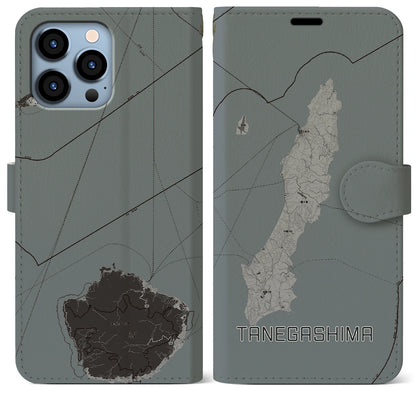 【種子島（鹿児島県）】地図柄iPhoneケース（手帳タイプ）モノトーン・iPhone 13 Pro Max 用