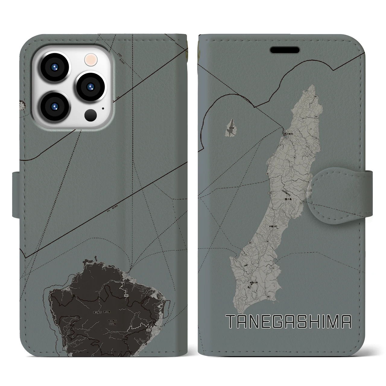 【種子島】地図柄iPhoneケース（手帳両面タイプ・モノトーン）iPhone 13 Pro 用