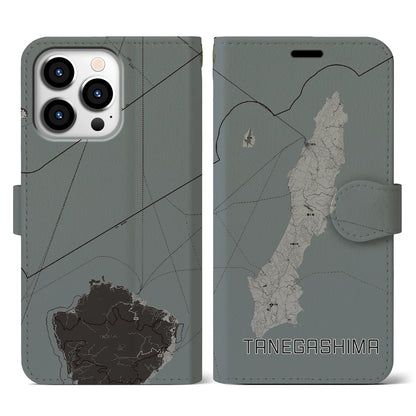 【種子島（鹿児島県）】地図柄iPhoneケース（手帳タイプ）モノトーン・iPhone 13 Pro 用