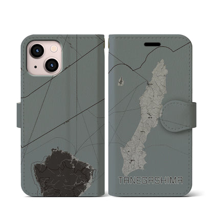 【種子島（鹿児島県）】地図柄iPhoneケース（手帳タイプ）モノトーン・iPhone 13 mini 用