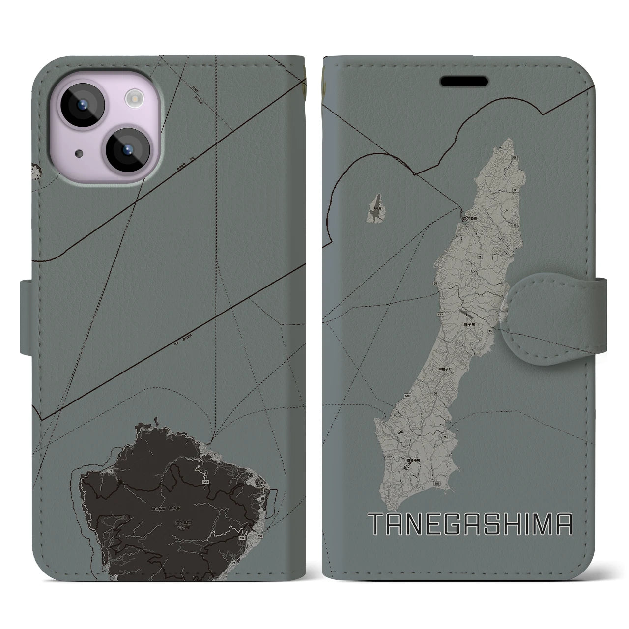 【種子島】地図柄iPhoneケース（手帳両面タイプ・モノトーン）iPhone 14 用