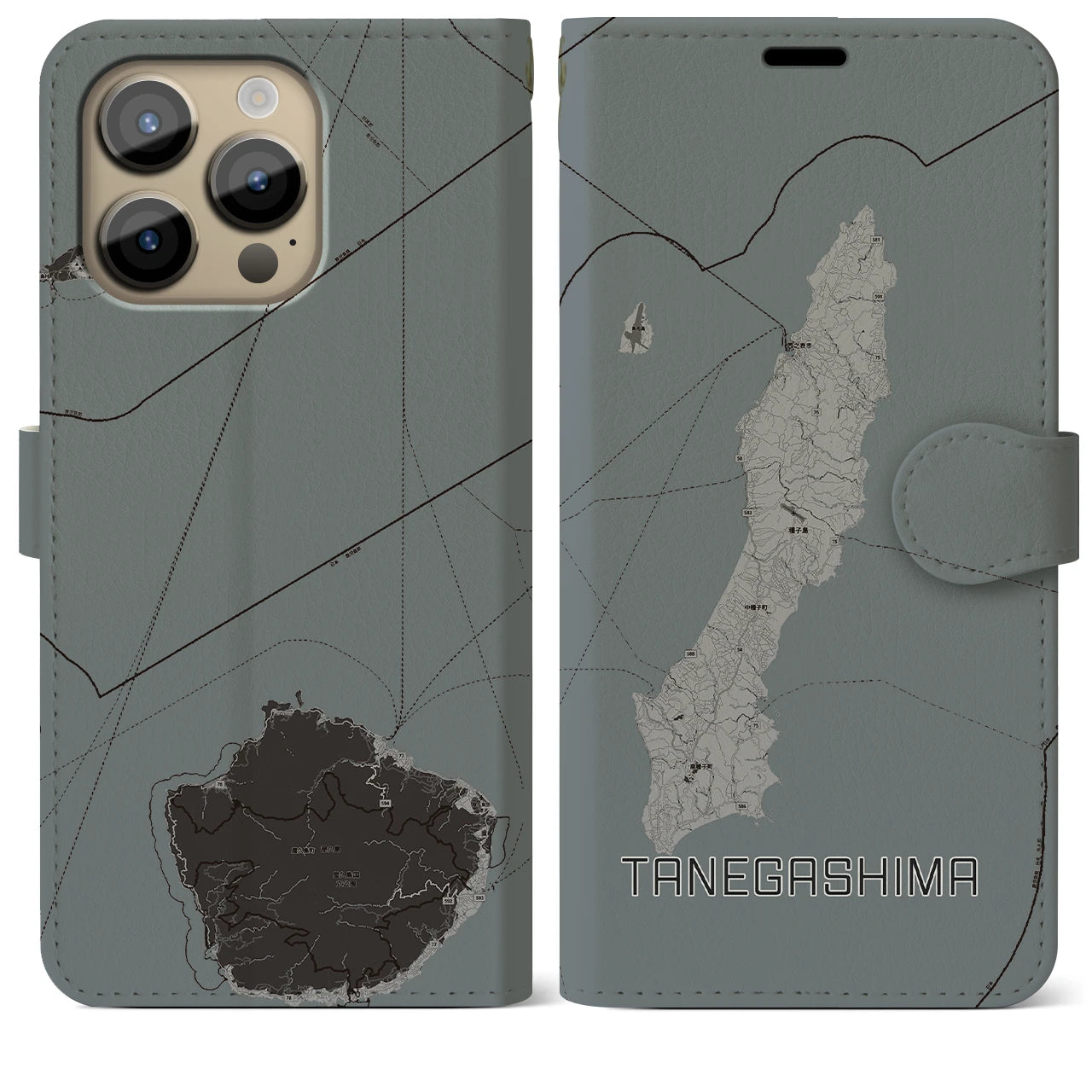 【種子島】地図柄iPhoneケース（手帳両面タイプ・モノトーン）iPhone 14 Pro Max 用