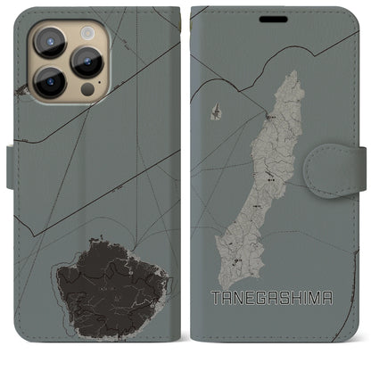 【種子島（鹿児島県）】地図柄iPhoneケース（手帳タイプ）モノトーン・iPhone 14 Pro Max 用