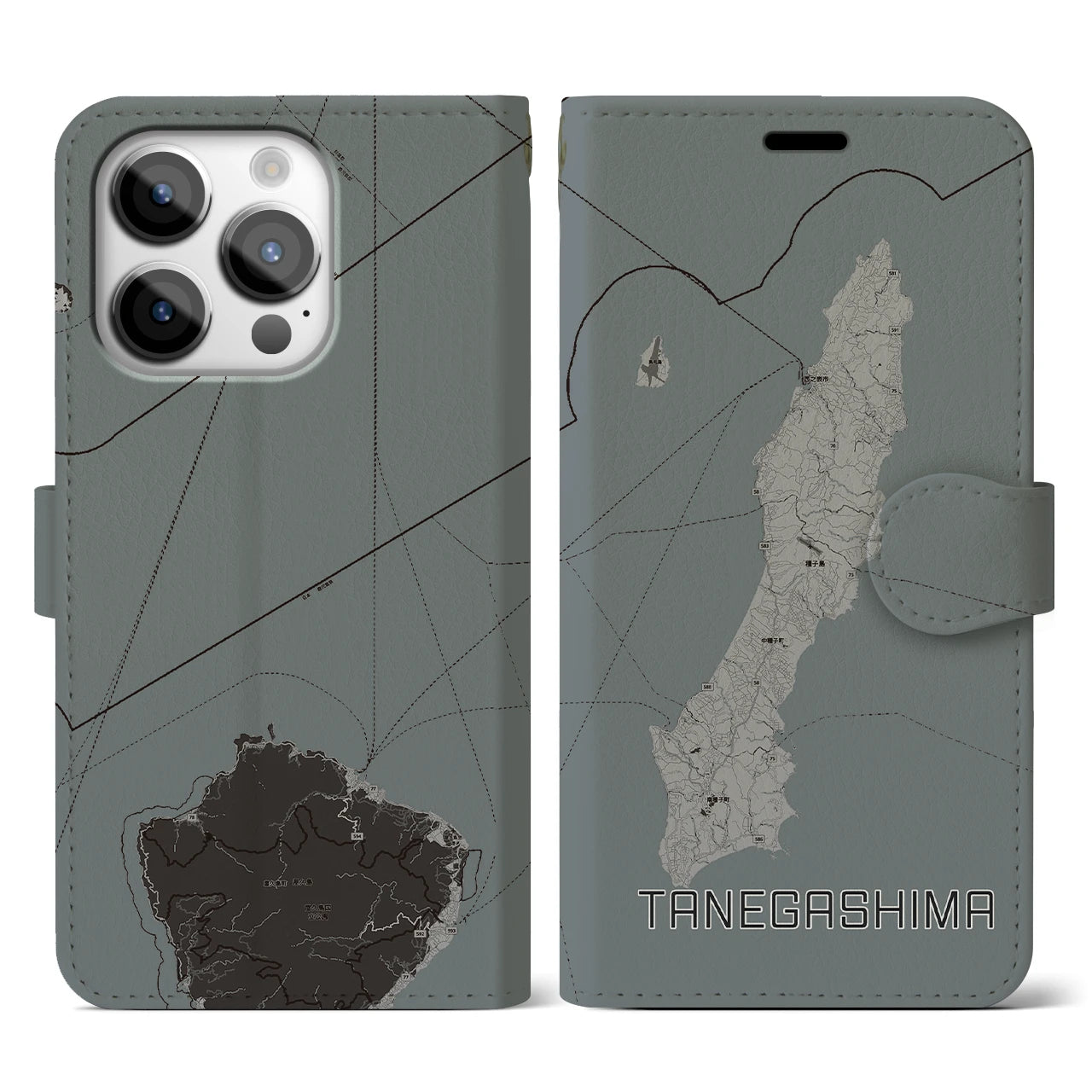 【種子島】地図柄iPhoneケース（手帳両面タイプ・モノトーン）iPhone 14 Pro 用