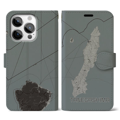 【種子島（鹿児島県）】地図柄iPhoneケース（手帳タイプ）モノトーン・iPhone 14 Pro 用
