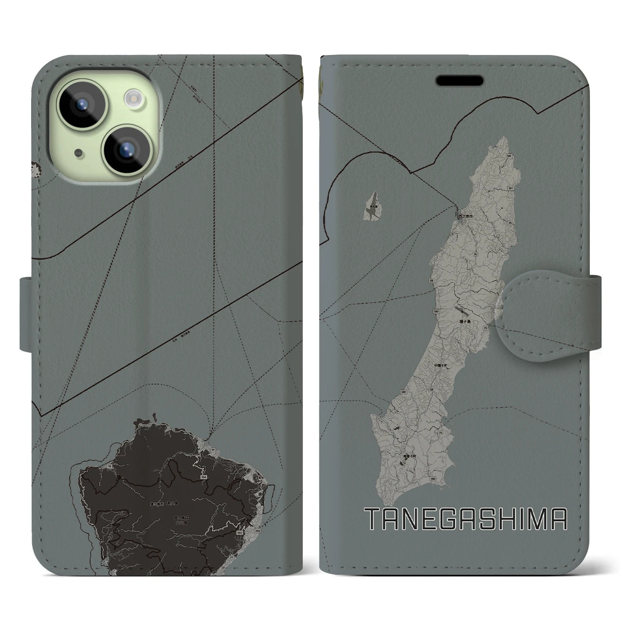 【種子島】地図柄iPhoneケース（手帳両面タイプ・モノトーン）iPhone 15 用