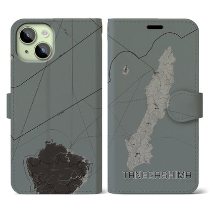 【種子島（鹿児島県）】地図柄iPhoneケース（手帳タイプ）モノトーン・iPhone 15 用