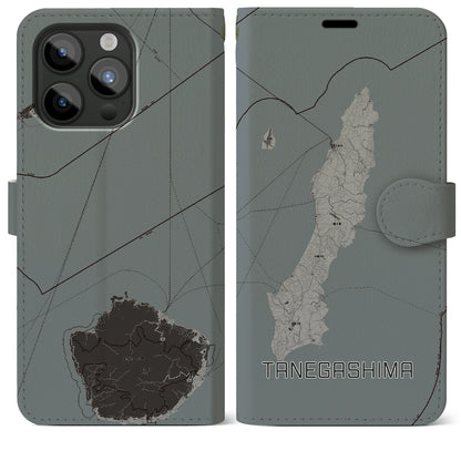 【種子島（鹿児島県）】地図柄iPhoneケース（手帳タイプ）モノトーン・iPhone 15 Pro Max 用
