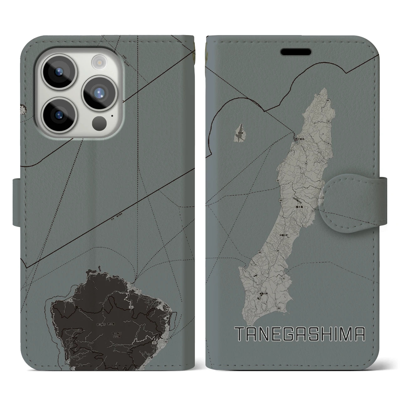 【種子島】地図柄iPhoneケース（手帳両面タイプ・モノトーン）iPhone 15 Pro 用