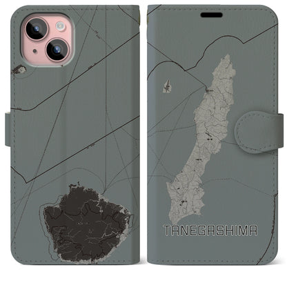 【種子島（鹿児島県）】地図柄iPhoneケース（手帳タイプ）モノトーン・iPhone 15 Plus 用