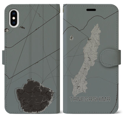 【種子島（鹿児島県）】地図柄iPhoneケース（手帳タイプ）モノトーン・iPhone XS Max 用