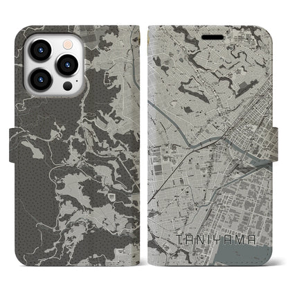 【谷山（鹿児島県）】地図柄iPhoneケース（手帳タイプ）モノトーン・iPhone 13 Pro 用