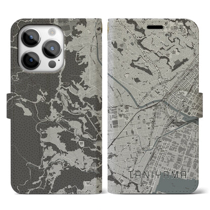 【谷山（鹿児島県）】地図柄iPhoneケース（手帳タイプ）モノトーン・iPhone 14 Pro 用