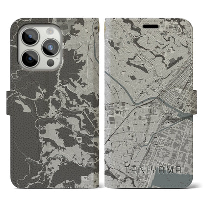 【谷山（鹿児島県）】地図柄iPhoneケース（手帳タイプ）モノトーン・iPhone 15 Pro 用