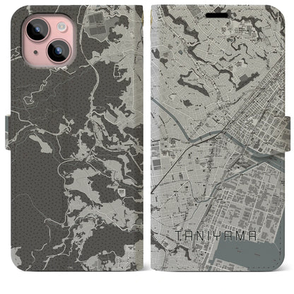 【谷山（鹿児島県）】地図柄iPhoneケース（手帳タイプ）モノトーン・iPhone 15 Plus 用