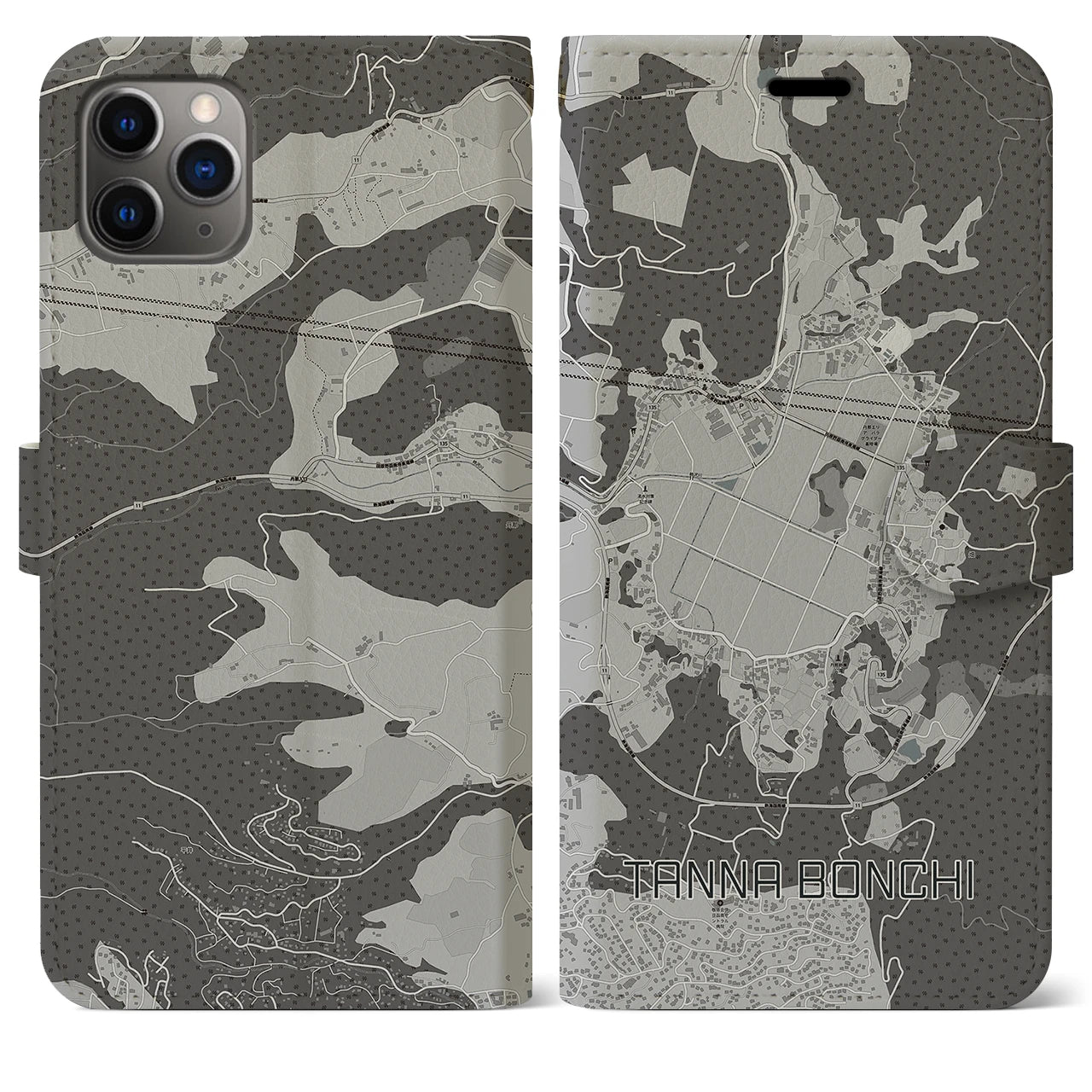 【丹那盆地】地図柄iPhoneケース（手帳両面タイプ・モノトーン）iPhone 11 Pro Max 用