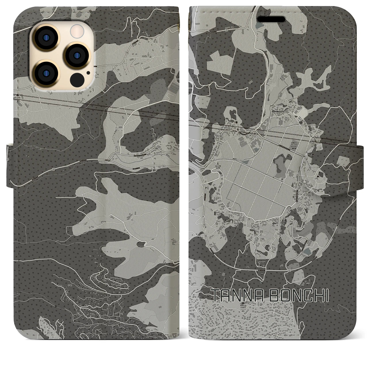 【丹那盆地】地図柄iPhoneケース（手帳両面タイプ・モノトーン）iPhone 12 Pro Max 用