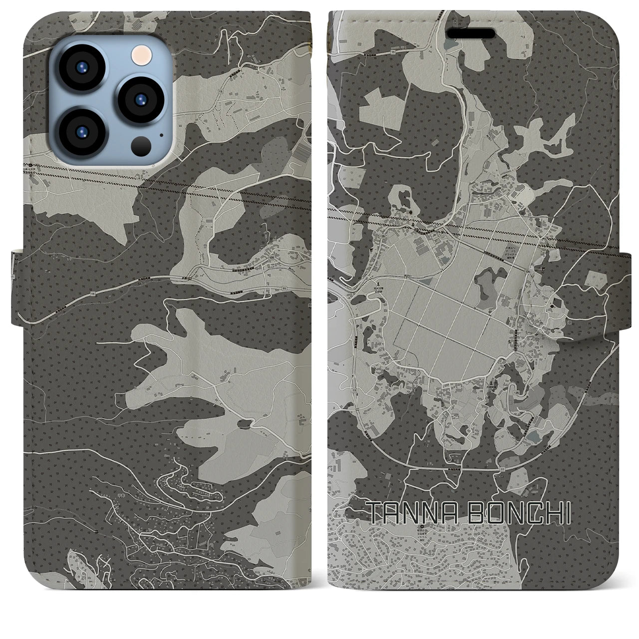 【丹那盆地】地図柄iPhoneケース（手帳両面タイプ・モノトーン）iPhone 13 Pro Max 用