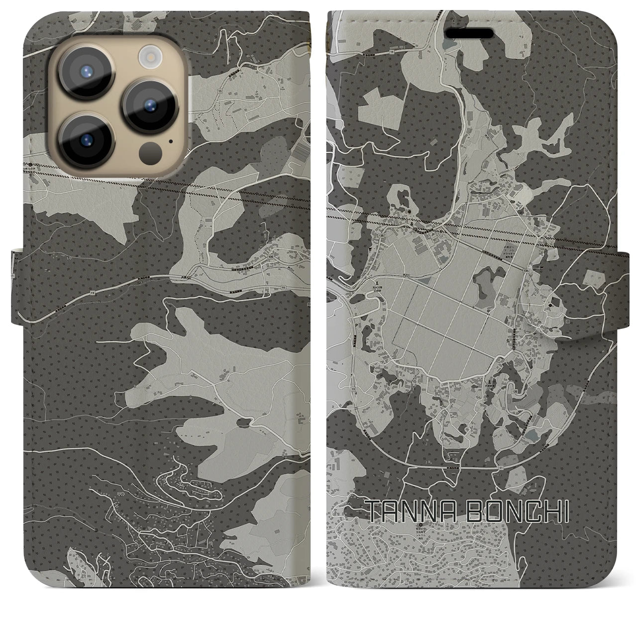 【丹那盆地】地図柄iPhoneケース（手帳両面タイプ・モノトーン）iPhone 14 Pro Max 用