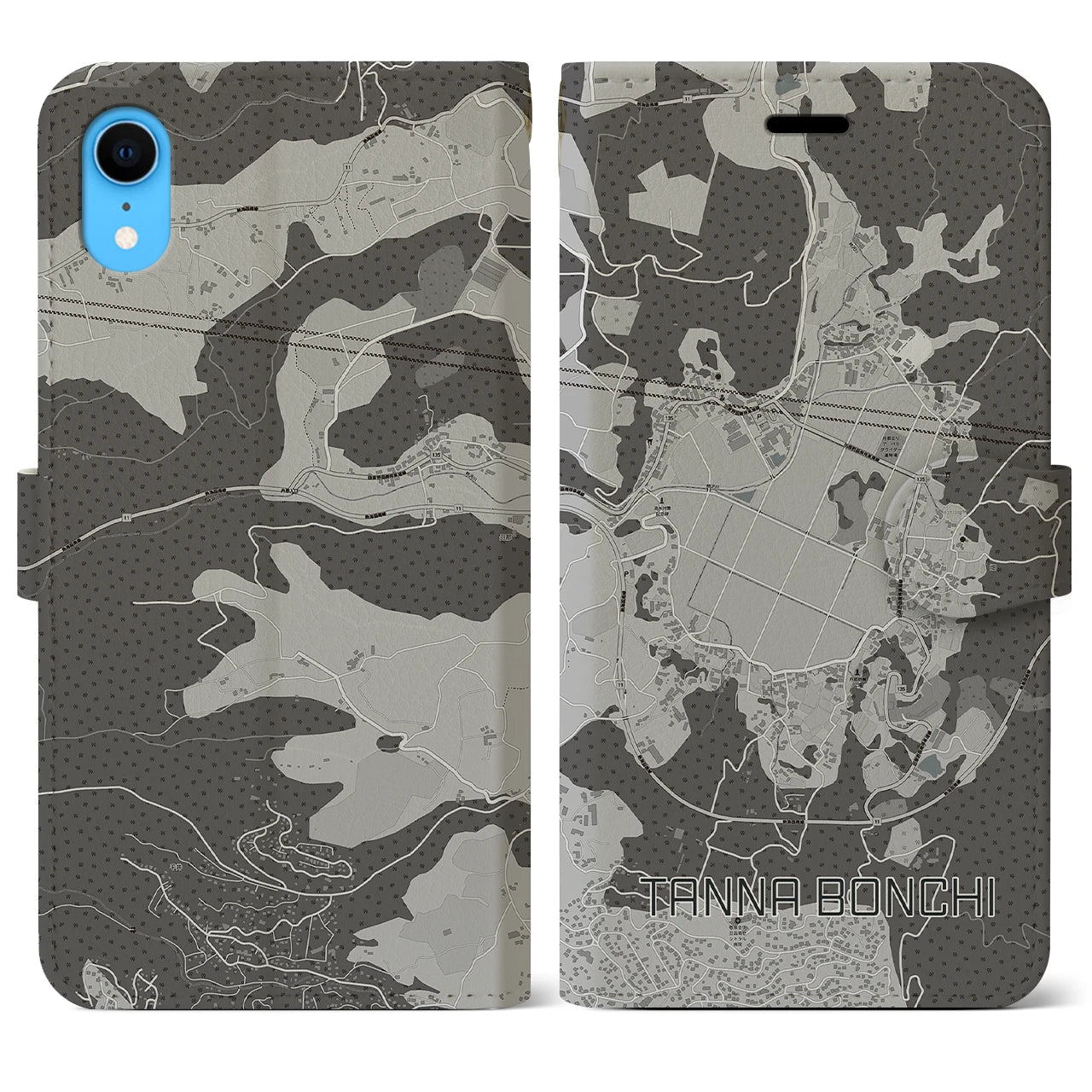 【丹那盆地】地図柄iPhoneケース（手帳両面タイプ・モノトーン）iPhone XR 用