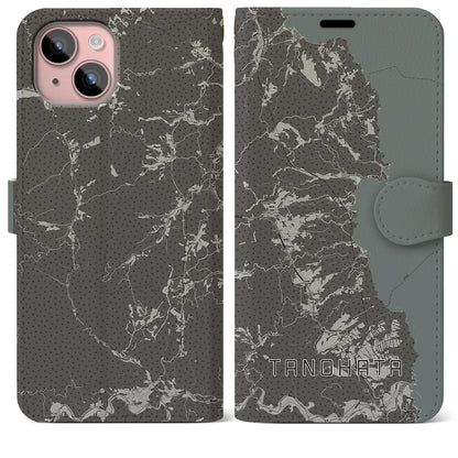 【田野畑（岩手県）】地図柄iPhoneケース（手帳タイプ）モノトーン・iPhone 15 Plus 用