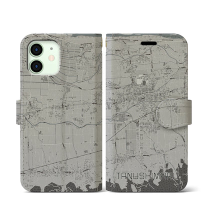 【田主丸（福岡県）】地図柄iPhoneケース（手帳タイプ）モノトーン・iPhone 12 mini 用