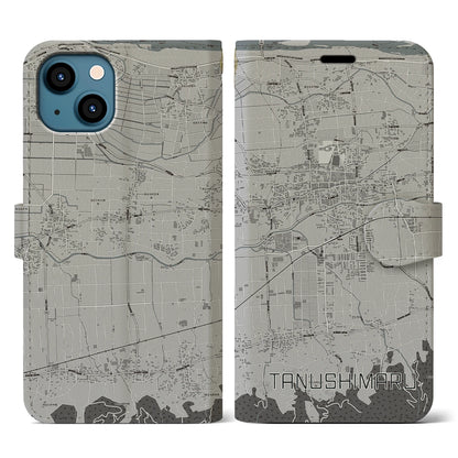 【田主丸（福岡県）】地図柄iPhoneケース（手帳タイプ）モノトーン・iPhone 13 用