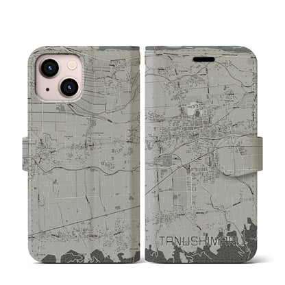 【田主丸（福岡県）】地図柄iPhoneケース（手帳タイプ）モノトーン・iPhone 13 mini 用