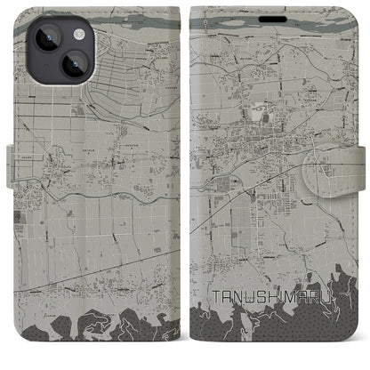 【田主丸（福岡県）】地図柄iPhoneケース（手帳タイプ）モノトーン・iPhone 14 Plus 用