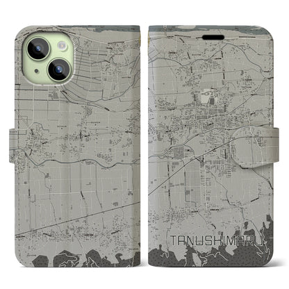 【田主丸（福岡県）】地図柄iPhoneケース（手帳タイプ）モノトーン・iPhone 15 用