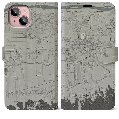 【田主丸（福岡県）】地図柄iPhoneケース（手帳タイプ）モノトーン・iPhone 15 Plus 用