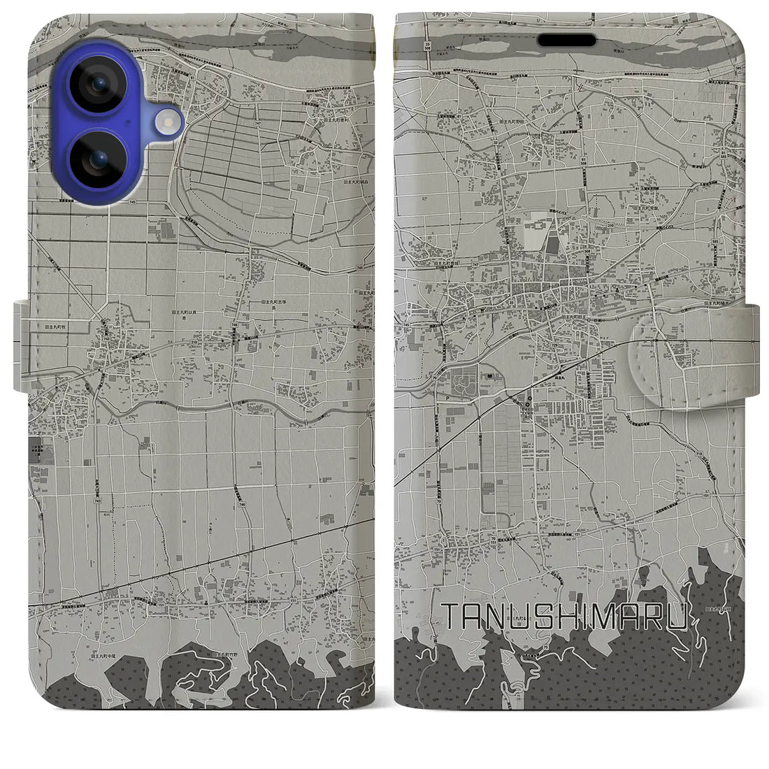 【田主丸(福岡県)】地図柄iPhoneケース(手帳タイプ)モノトーン・iPhone 16 Pro Max 用