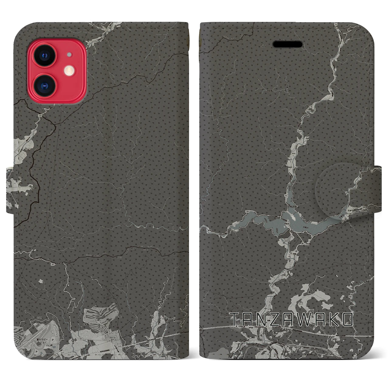 【丹沢湖】地図柄iPhoneケース（手帳両面タイプ・モノトーン）iPhone 11 用