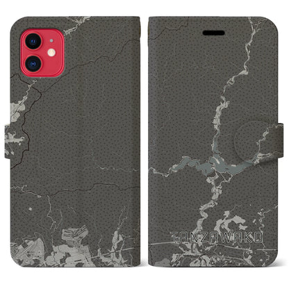 【丹沢湖（神奈川県）】地図柄iPhoneケース（手帳タイプ）モノトーン・iPhone 11 用
